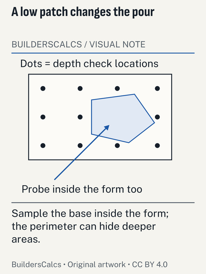 A plan-view depth sampling grid highlights a local low spot that a single edge measurement would miss.