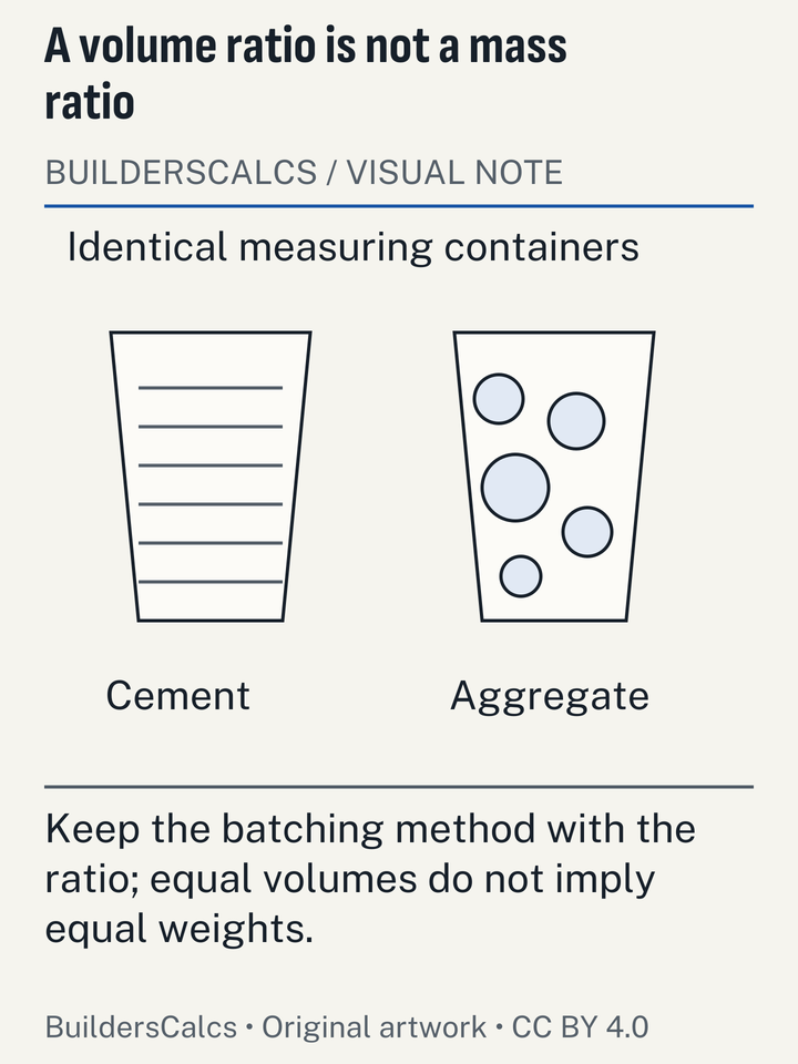 Equal-volume containers of schematic cement and aggregate have different fill textures, separating measuring-container volume from material weight.
