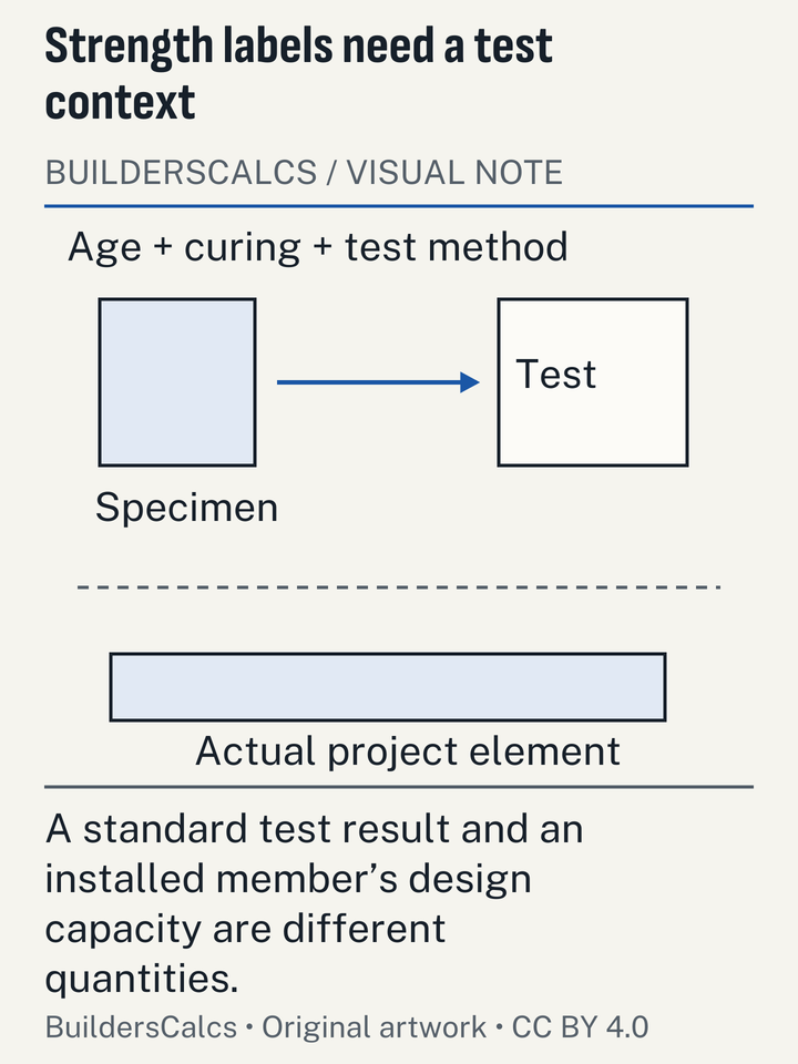 A specimen test path separates curing age and test result from the actual project element, illustrating why a bag-strength label is not a structural design capacity.