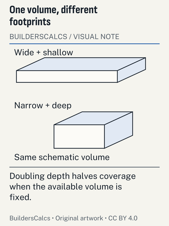 A shallow wide prism and a deep narrow prism have equal schematic volume, showing the inverse relationship between spread depth and footprint.