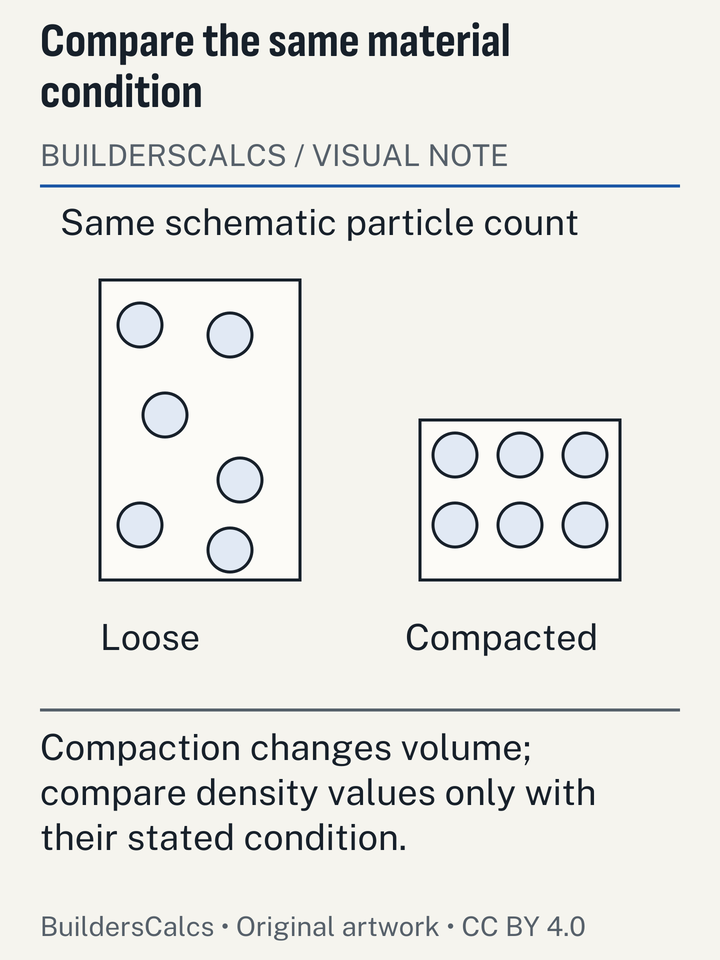 The same schematic aggregate particles occupy a taller loose container and a shorter compacted container, isolating volume change from the amount of solid stone.