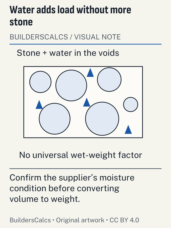 A schematic load separates solid aggregate from water held in its voids, explaining why a wet delivered load can weigh more without supplying more stone.