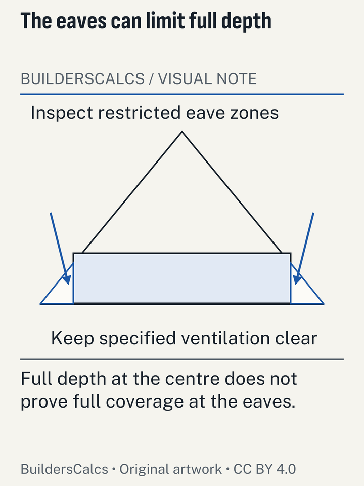 An attic cross-section shows the narrowing eaves zone beside a full-depth central field, exposing why a uniform blanket depth can misdescribe coverage.