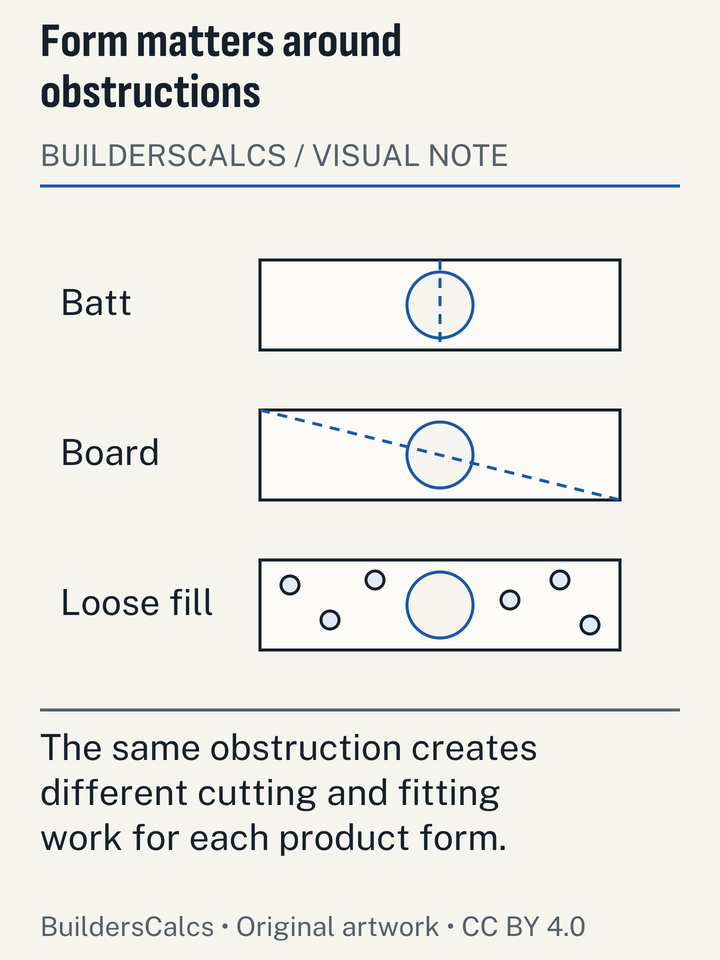 A pipe intersects three insulation formats: a split batt, a cut board and loose fill around the pipe, showing different fitting and offcut demands without ranking performance.
