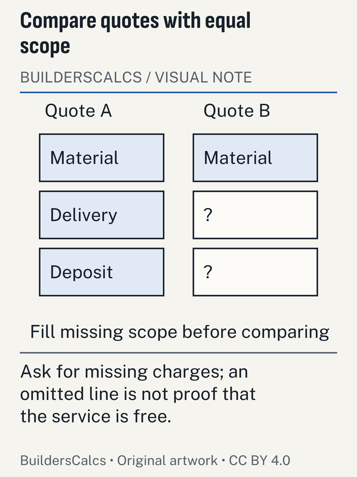 Two schematic quote stacks expose one supplier omitting delivery and a pallet deposit, so the headline material totals are not mistaken for comparable delivered totals.