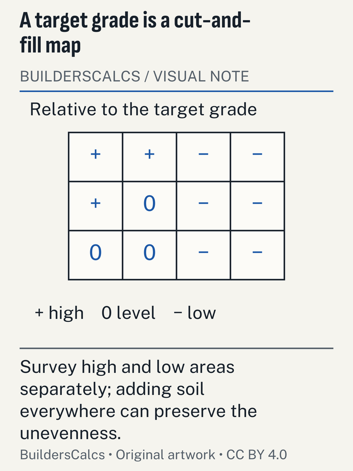 A schematic level survey distinguishes areas above and below the intended soil surface, showing why one added depth cannot describe a regrading project.